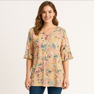 Sign Here Yellow Floral Bell Sleeve Tunic Top Sz XL